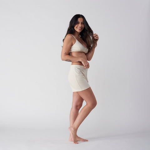 Model Wearing Organic Cotton Set in Undyed